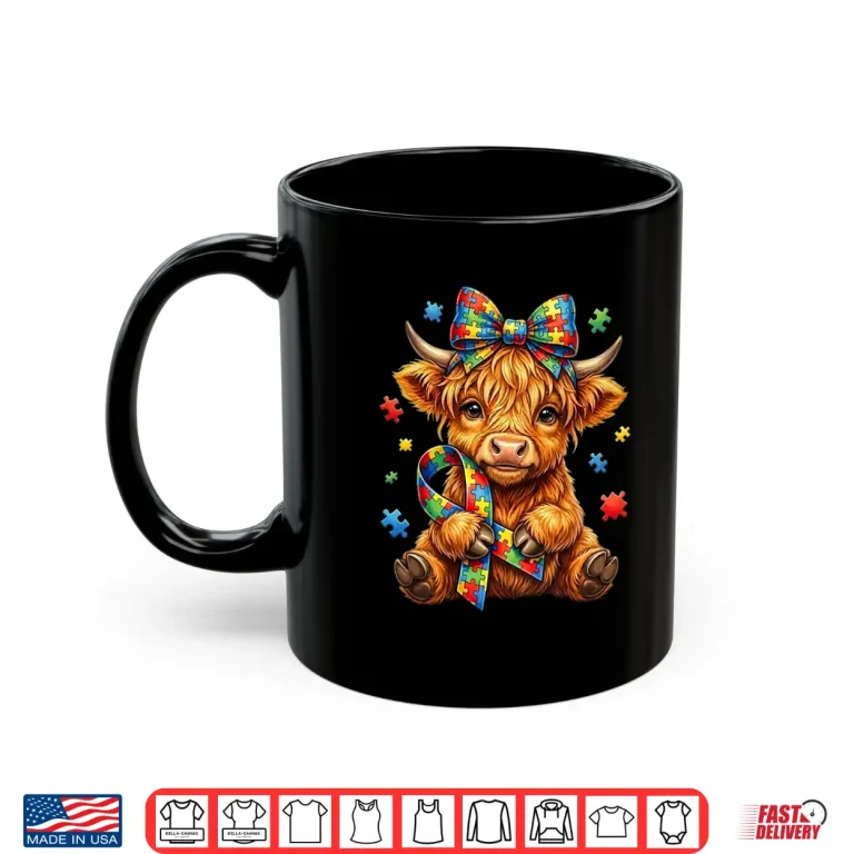 Mug Cute Highland Cow Autism Awareness Puzzle Ribbon Graphic Shirt