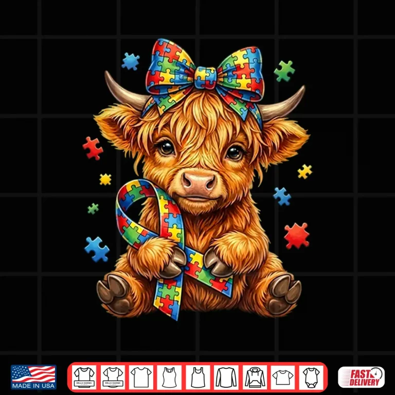 Design Cute Highland Cow Autism Awareness Puzzle Ribbon Graphic Shirt