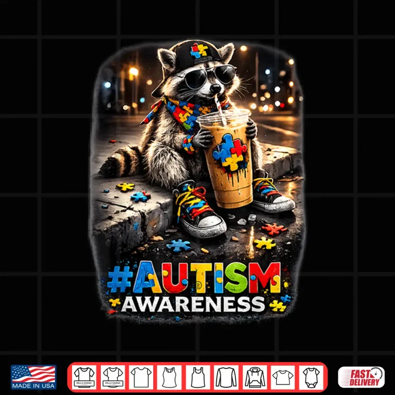 Design Raccoon Drinking Iced Coffee Autism Awareness Animal Meme Shirt