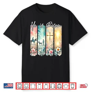 Aesthetic Jesus Cross He Is Risen Flowers Easter Christian Shirt