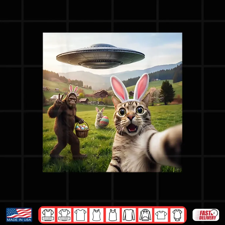 Design Bigfoot UFO Funny Cat Selfie With Easter Bunny Professional Shirt