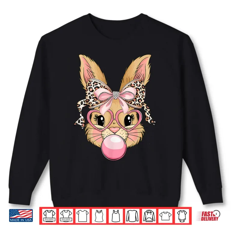 Sweatshirt Cute Bunny Rabbit Face Leopard Glasses Girl Happy Easter Day Shirt