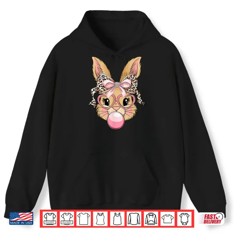 Hoodie Cute Bunny Rabbit Face Leopard Glasses Girl Happy Easter Day Shirt 1