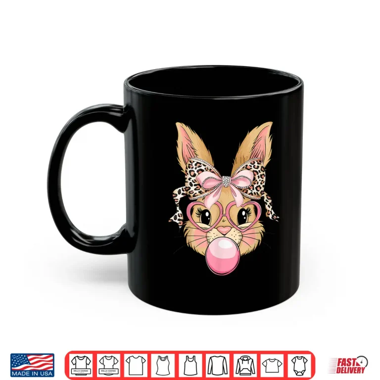 Mug Cute Bunny Rabbit Face Leopard Glasses Girl Happy Easter Day Shirt 1