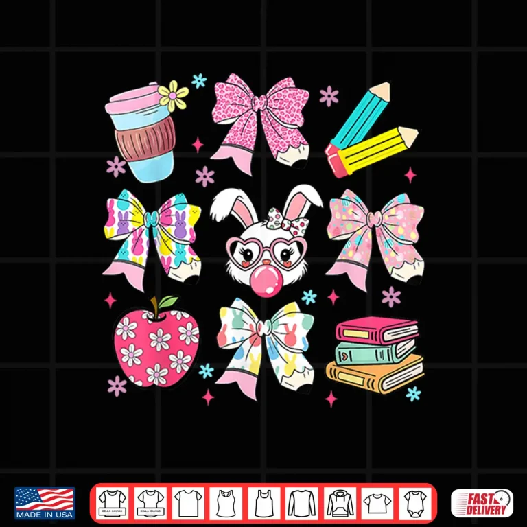 Design Happy Easter Teacher Bunny Eggs Coquette Bow Apple Women Shirt 1
