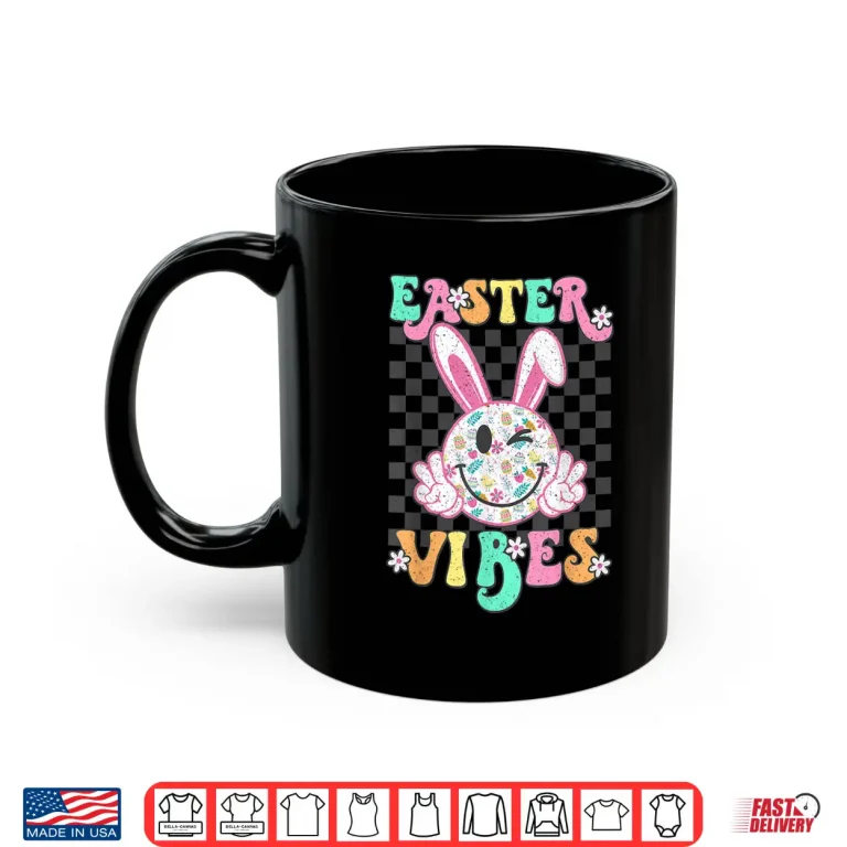 Mug Retro Groovy Easter Vibes Bunny Checkered Smile Graphic Shirt