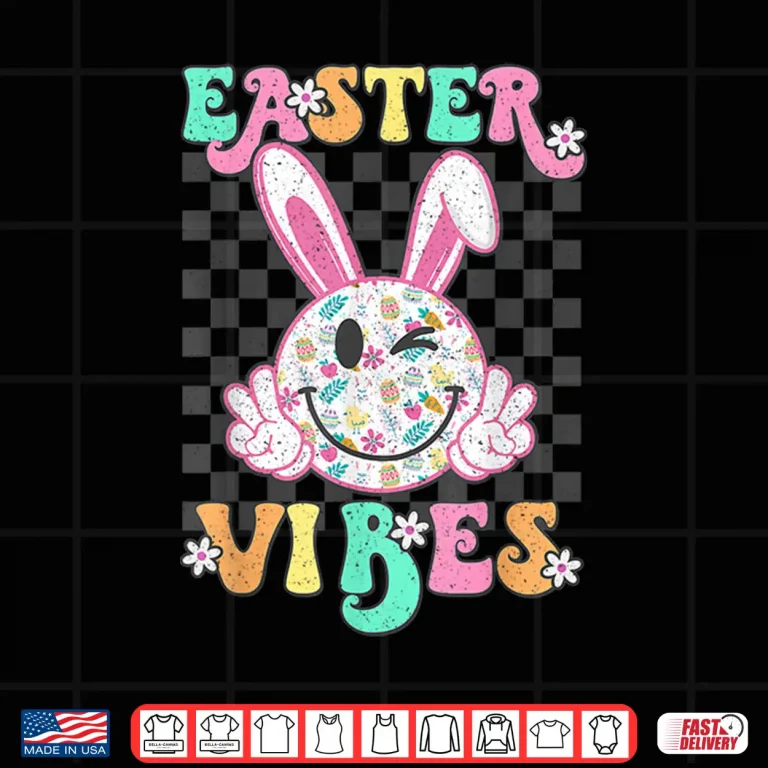 Design Retro Groovy Easter Vibes Bunny Checkered Smile Graphic Shirt