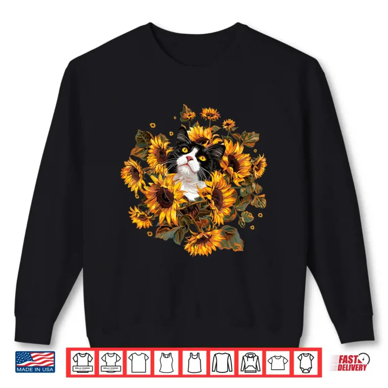 Sweatshirt Retro Tuxedo Cat With Sunflower Cute Kitten Lover Gardening Shirt