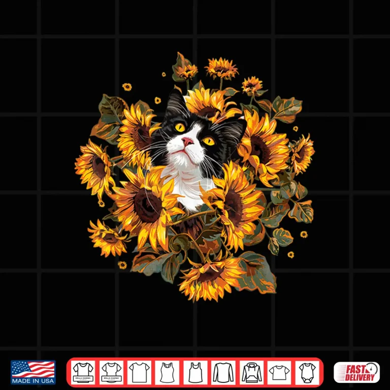 Design Retro Tuxedo Cat With Sunflower Cute Kitten Lover Gardening Shirt
