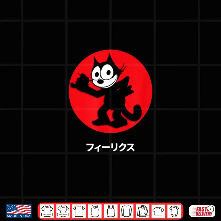 Design Felix Cartoon Cat Sassy Katakana Japanese Writing Graphic Shirt