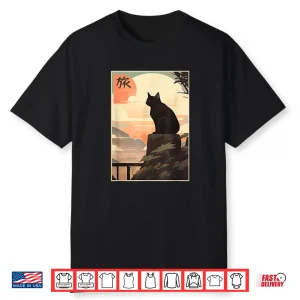 Vintage Japanese Scenery Kanji Writing Journey Black Cat Shirt