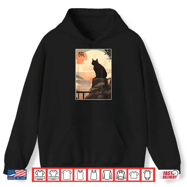 Hoodie Vintage Japanese Scenery Kanji Writing Journey Black Cat Shirt