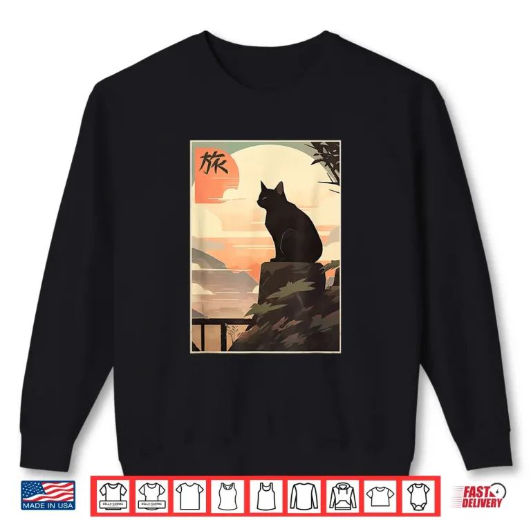 Sweatshirt Vintage Japanese Scenery Kanji Writing Journey Black Cat Shirt