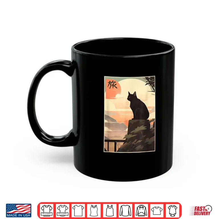 Mug Vintage Japanese Scenery Kanji Writing Journey Black Cat Shirt