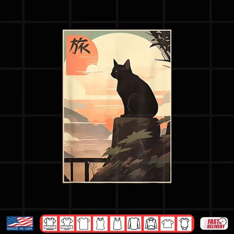 Design Vintage Japanese Scenery Kanji Writing Journey Black Cat Shirt