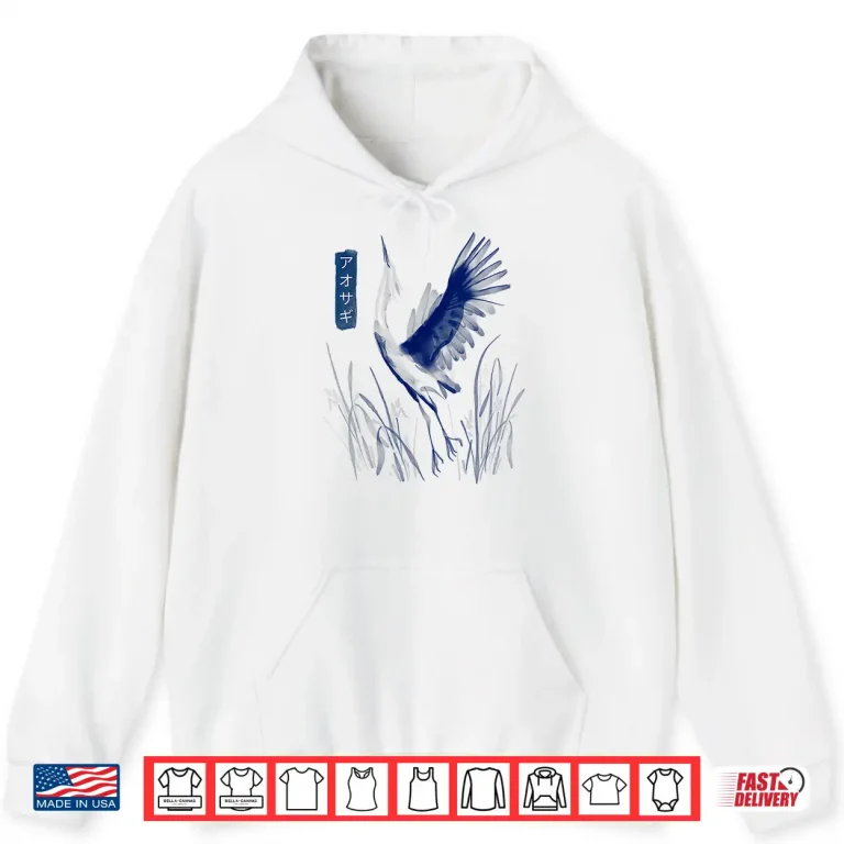 Hoodie Blue Heron Bird Japanese Writing Painted Art Style Graphic Shirt