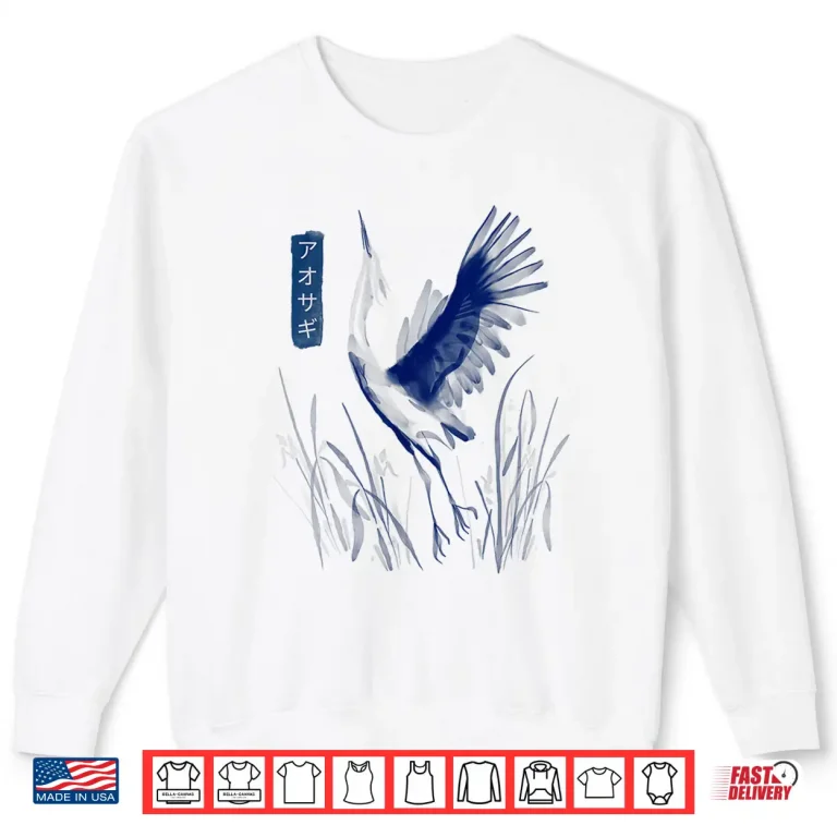 Sweatshirt Blue Heron Bird Japanese Writing Painted Art Style Graphic Shirt