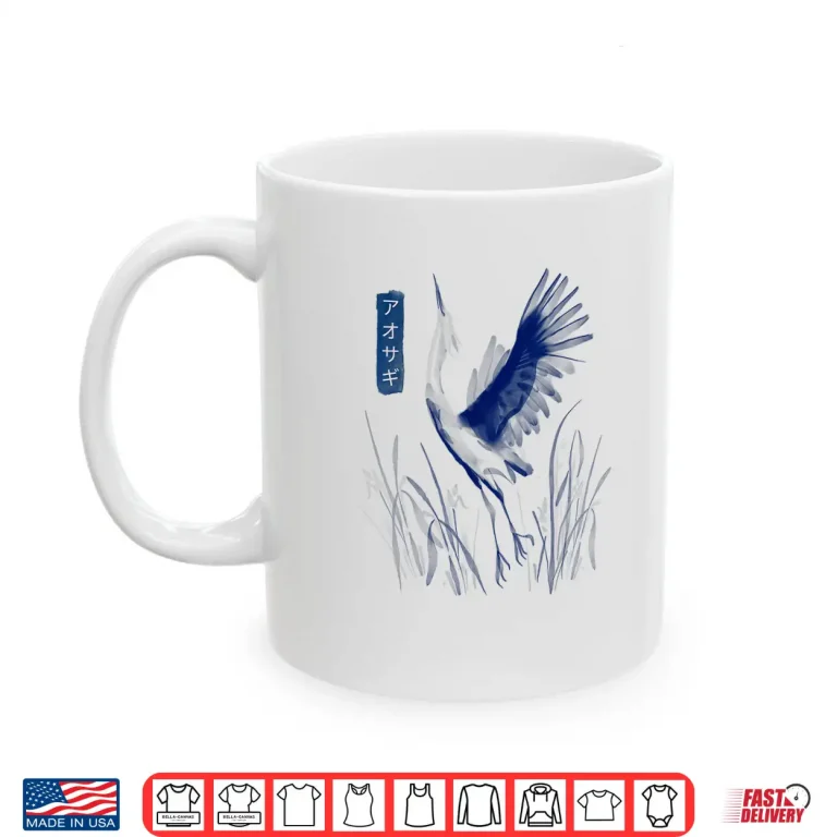 Mug Blue Heron Bird Japanese Writing Painted Art Style Graphic Shirt