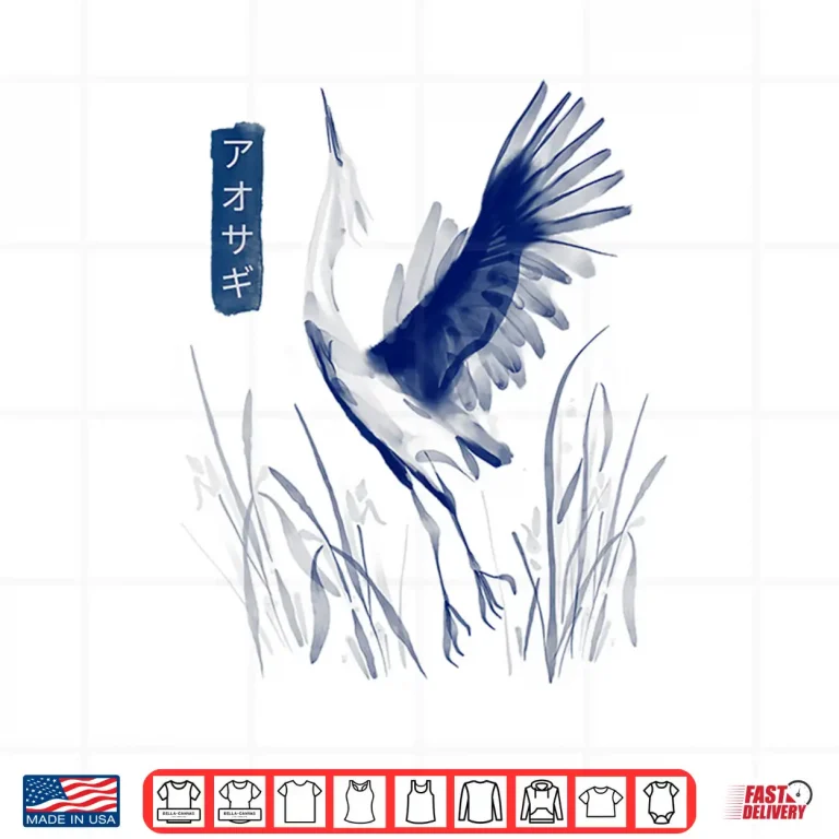 Design Blue Heron Bird Japanese Writing Painted Art Style Graphic Shirt