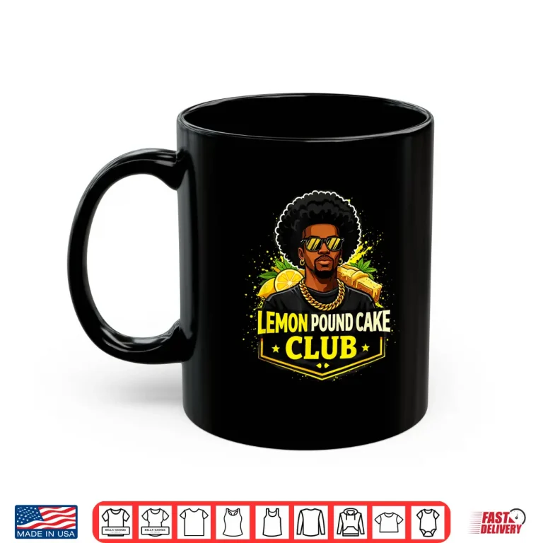 Mug Lemon Pound Cake Club man with Afro and Sunglasses. Shirt