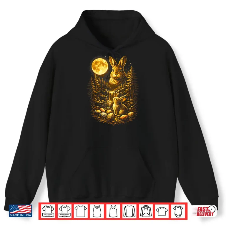 Hoodie Bunny Howling to The Moon Vintage 90s Animal Easter Day Eggs Shirt