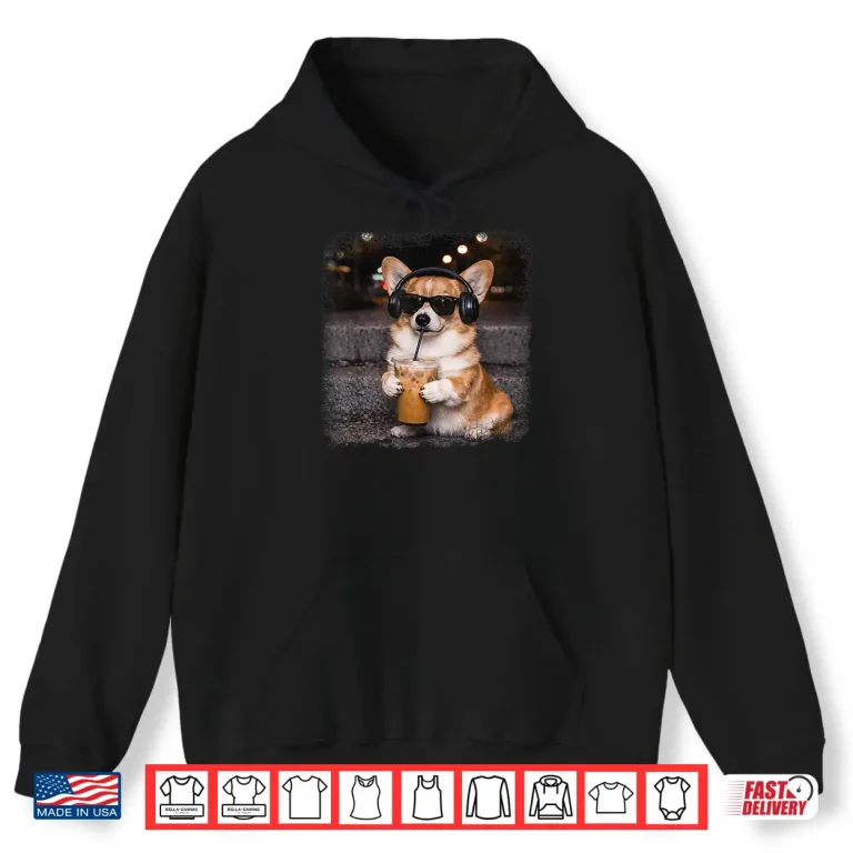 Hoodie Corgi Drinking Iced Coffee Lover Humor Funny Meme Shirt