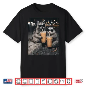 Funny Raccoon And Opossum Drinking Iced Coffee. Cute Animal Shirt
