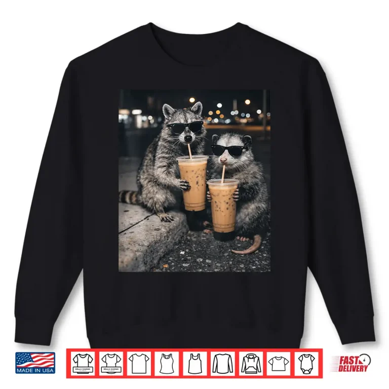 Sweatshirt Funny Raccoon and Opossum Drinking Iced Coffee. Cute Animal Shirt