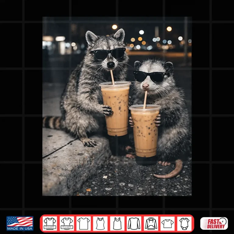 Design Funny Raccoon and Opossum Drinking Iced Coffee. Cute Animal Shirt