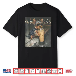 Yorkie Drinking Iced Coffee Funny Animal Meme Dog Lover Shirt