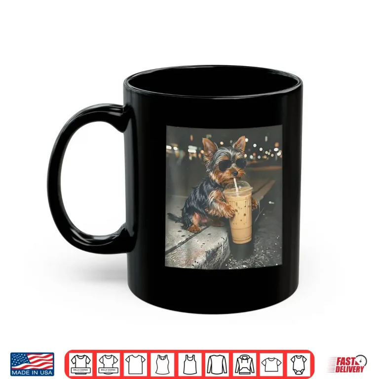 Mug Yorkie Drinking Iced Coffee Funny Animal Meme Dog Lover Shirt