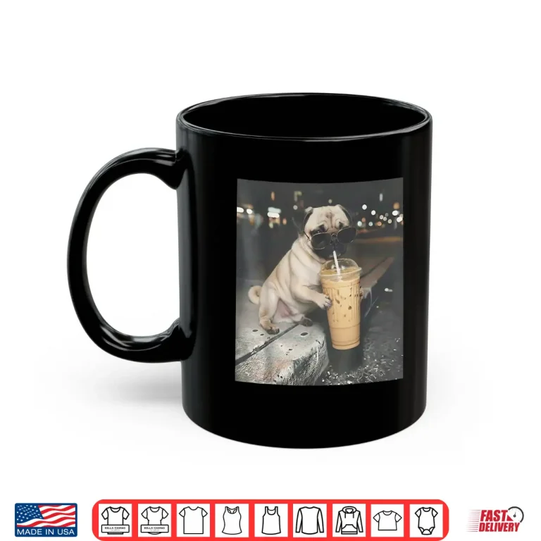 Mug Pug Drinking Iced Coffee Funny Animal Meme Dog Pug Lover Shirt