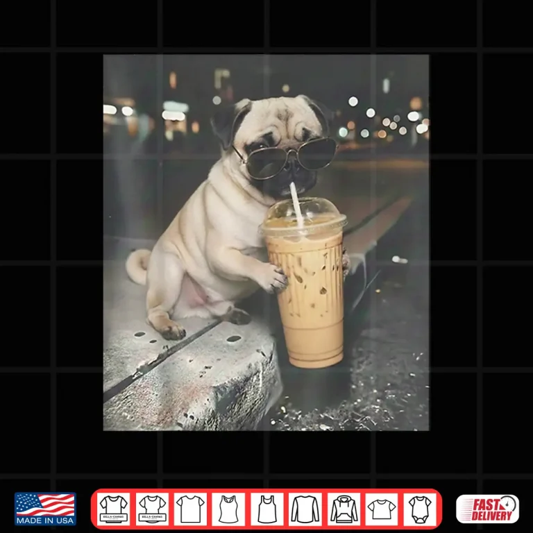 Design Pug Drinking Iced Coffee Funny Animal Meme Dog Pug Lover Shirt