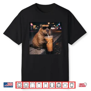 Funny Capybara Drinking Iced Coffee Lover Animal Meme Shirt