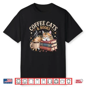Cozy Reading Cat Coffee And Books Lover Artwork Shirt