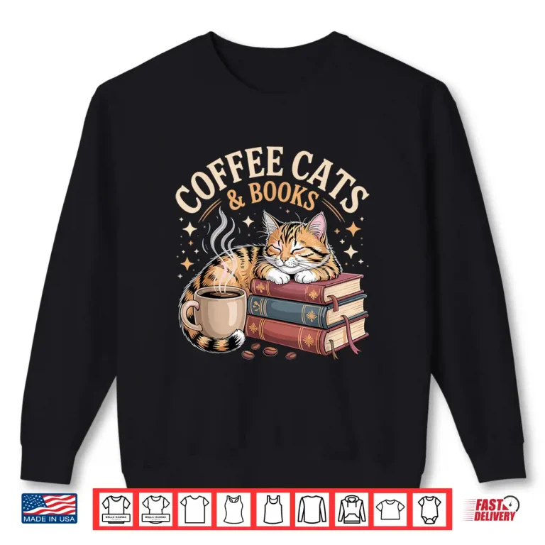 Sweatshirt Cozy Reading Cat Coffee and Books Lover Artwork Shirt