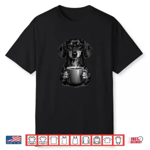 Funny Dachshund Coffee Lover Smart Wiener Dog With Glasses Shirt