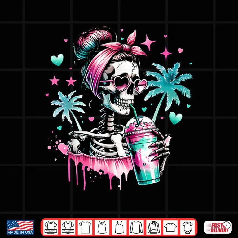 Design Skeleton Messy Bun Skull Iced Coffee Heart Sunglasses Shirt