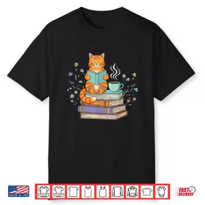 Cat Reading Book Lover Coffee Books Teacher Librarian Cat Shirt