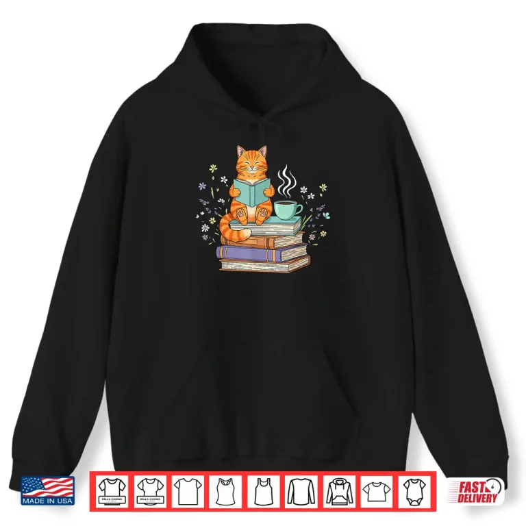 Hoodie Cat Reading Book Lover Coffee Books Teacher Librarian Cat Shirt