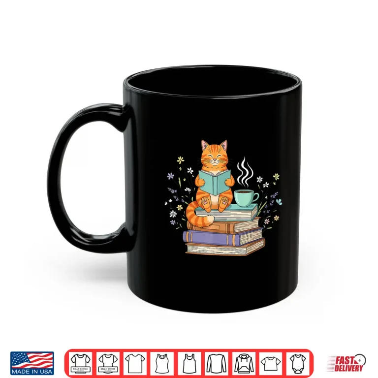 Mug Cat Reading Book Lover Coffee Books Teacher Librarian Cat Shirt