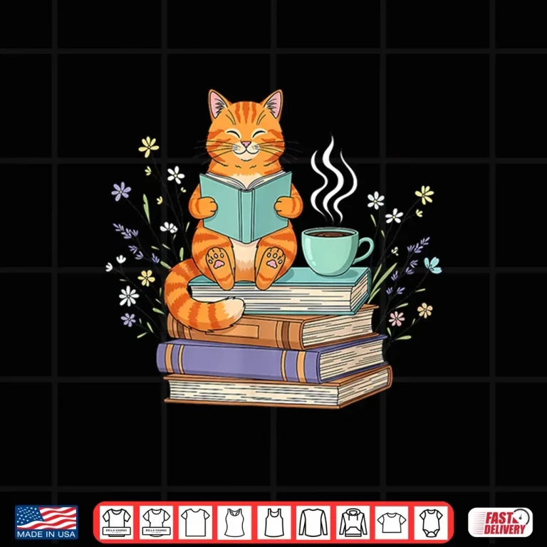 Design Cat Reading Book Lover Coffee Books Teacher Librarian Cat Shirt