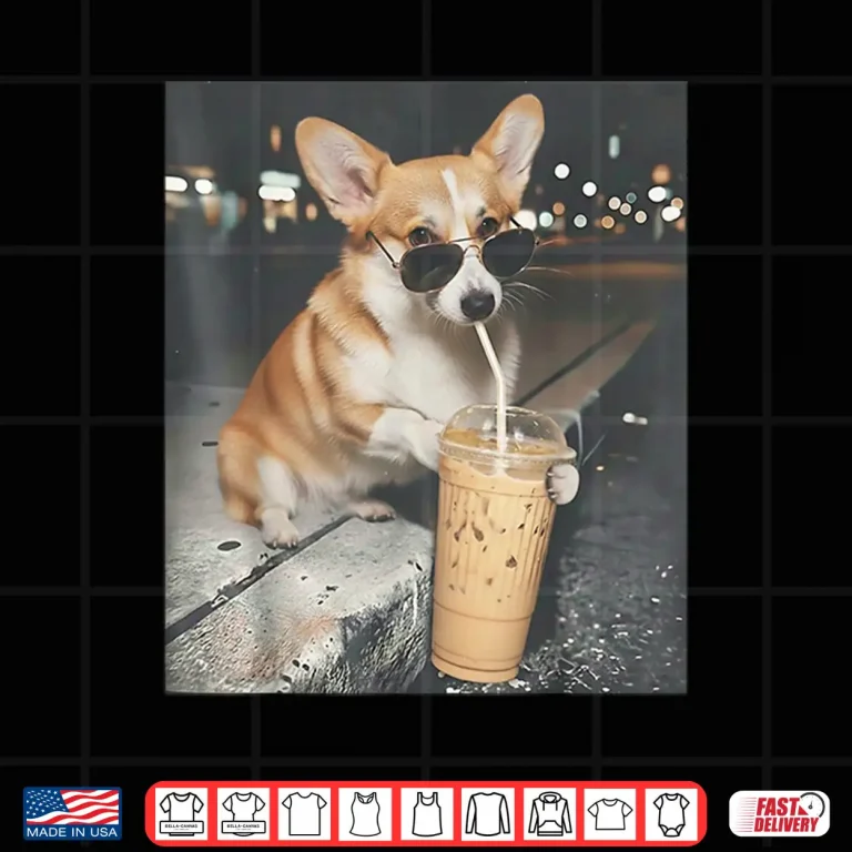 Design Corgi Drinking Iced Coffee Funny Animal Meme Corgi Dog Lover Shirt