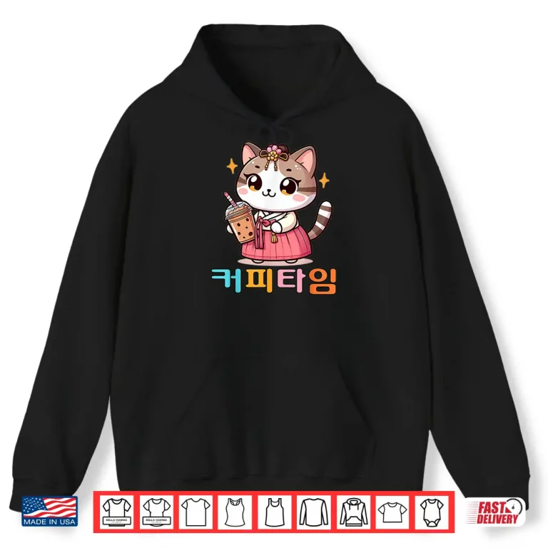 Hoodie Korean Coffee Lover Cute Hanbok Cat Iced Americano Shirt