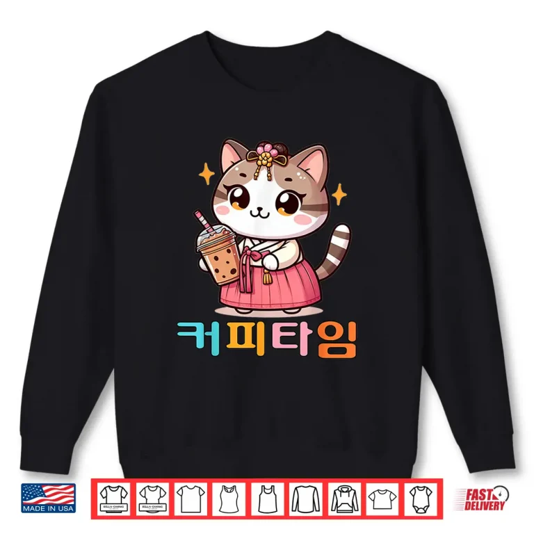 Sweatshirt Korean Coffee Lover Cute Hanbok Cat Iced Americano Shirt