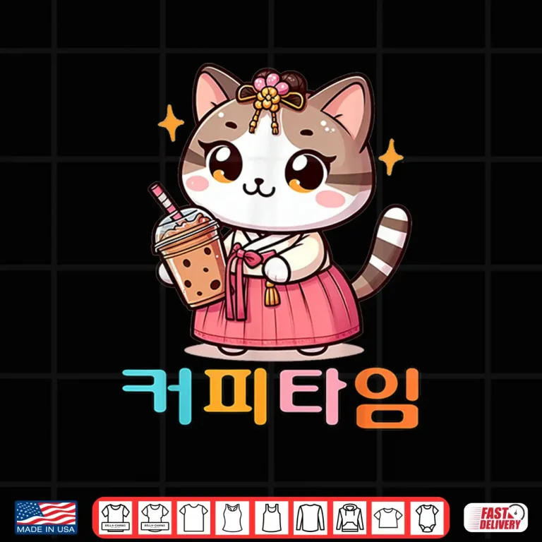 Design Korean Coffee Lover Cute Hanbok Cat Iced Americano Shirt