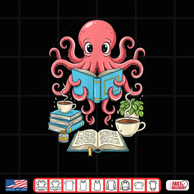 Design Bookish Octopus Reading Books and Coffee Literary Lover Art Shirt