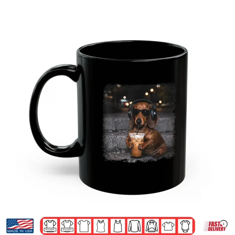 Mug Dachshund Drinking Iced Coffee Lover Humor Funny Meme Shirt