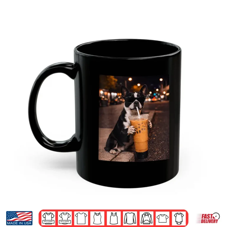 Mug Boston Terrier Dog Drinking Iced Coffee Lover Humor Shirt 1