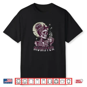 Momster Skull Mom Coffee Lover Halloween Messy Hair Bun Shirt